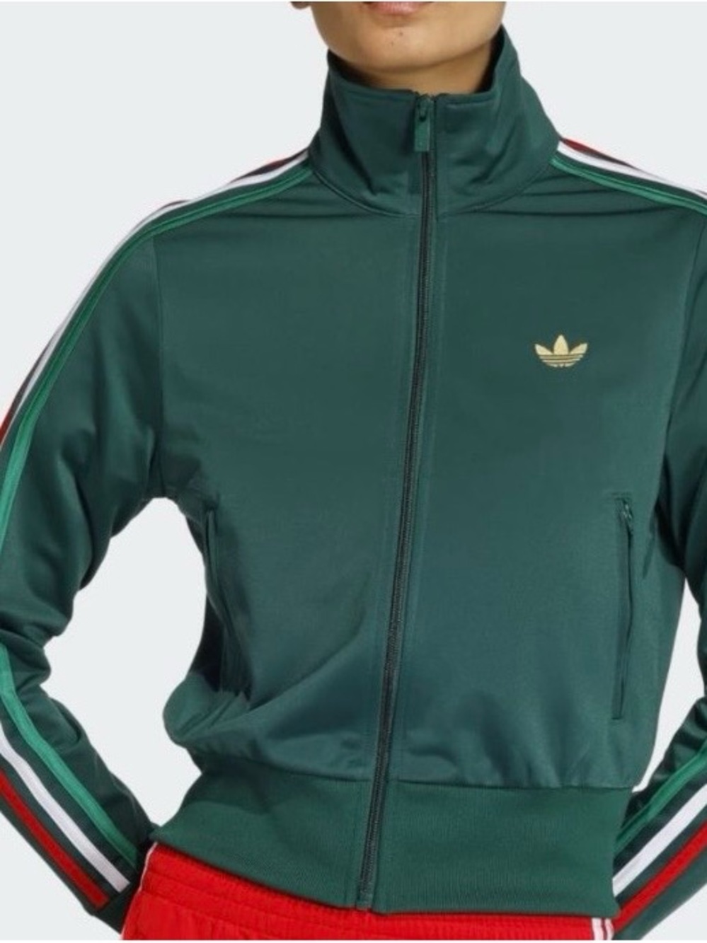 adidas Dark Green Track Jacket with Multicolor Sleeve Stripes